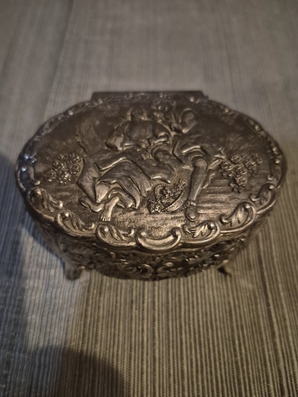 Ornate Footed Metal Jewelry Box Embossed  Couple Red Velvet Lined